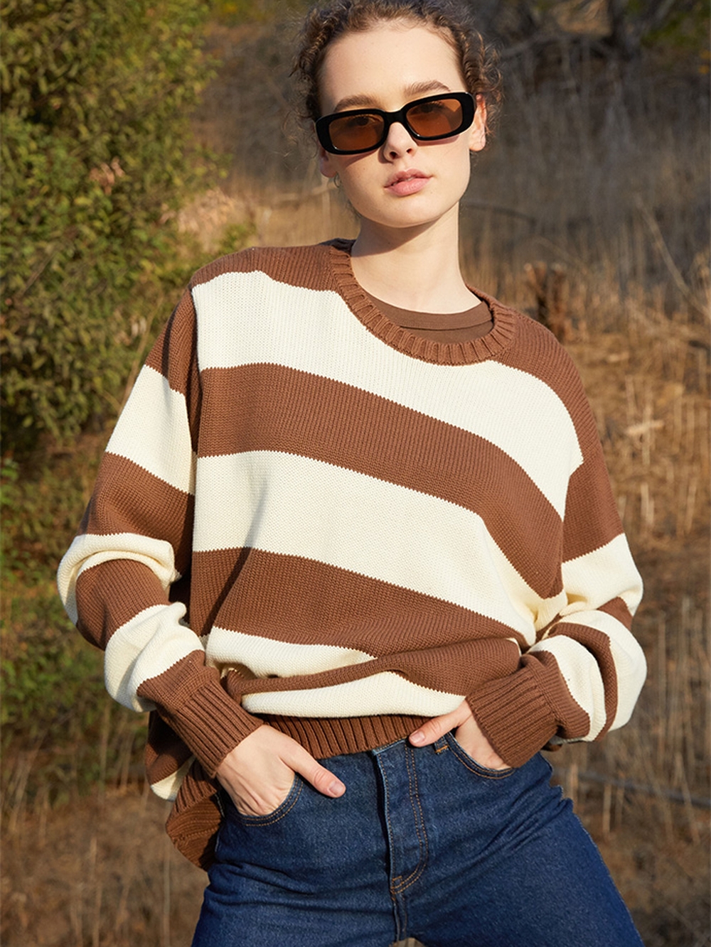 Brandy Melville Brown & Cream Striped Crewneck Sweater